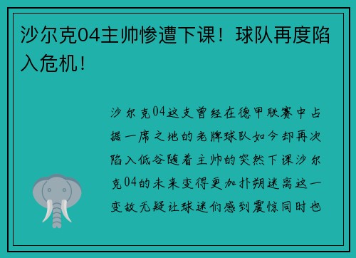沙尔克04主帅惨遭下课！球队再度陷入危机！