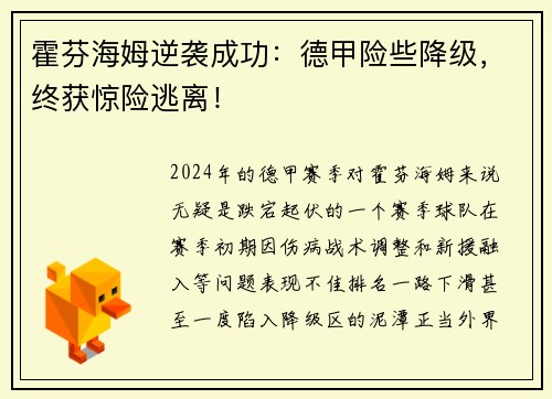 霍芬海姆逆袭成功：德甲险些降级，终获惊险逃离！