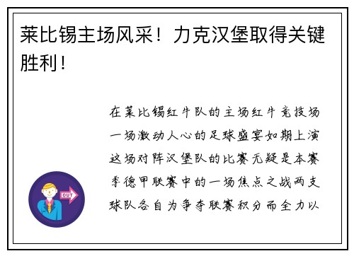 莱比锡主场风采！力克汉堡取得关键胜利！