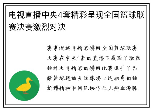 电视直播中央4套精彩呈现全国篮球联赛决赛激烈对决